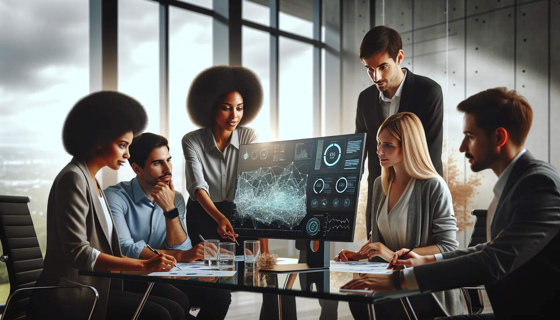diverse IT professionals discussing network management in a modern office.