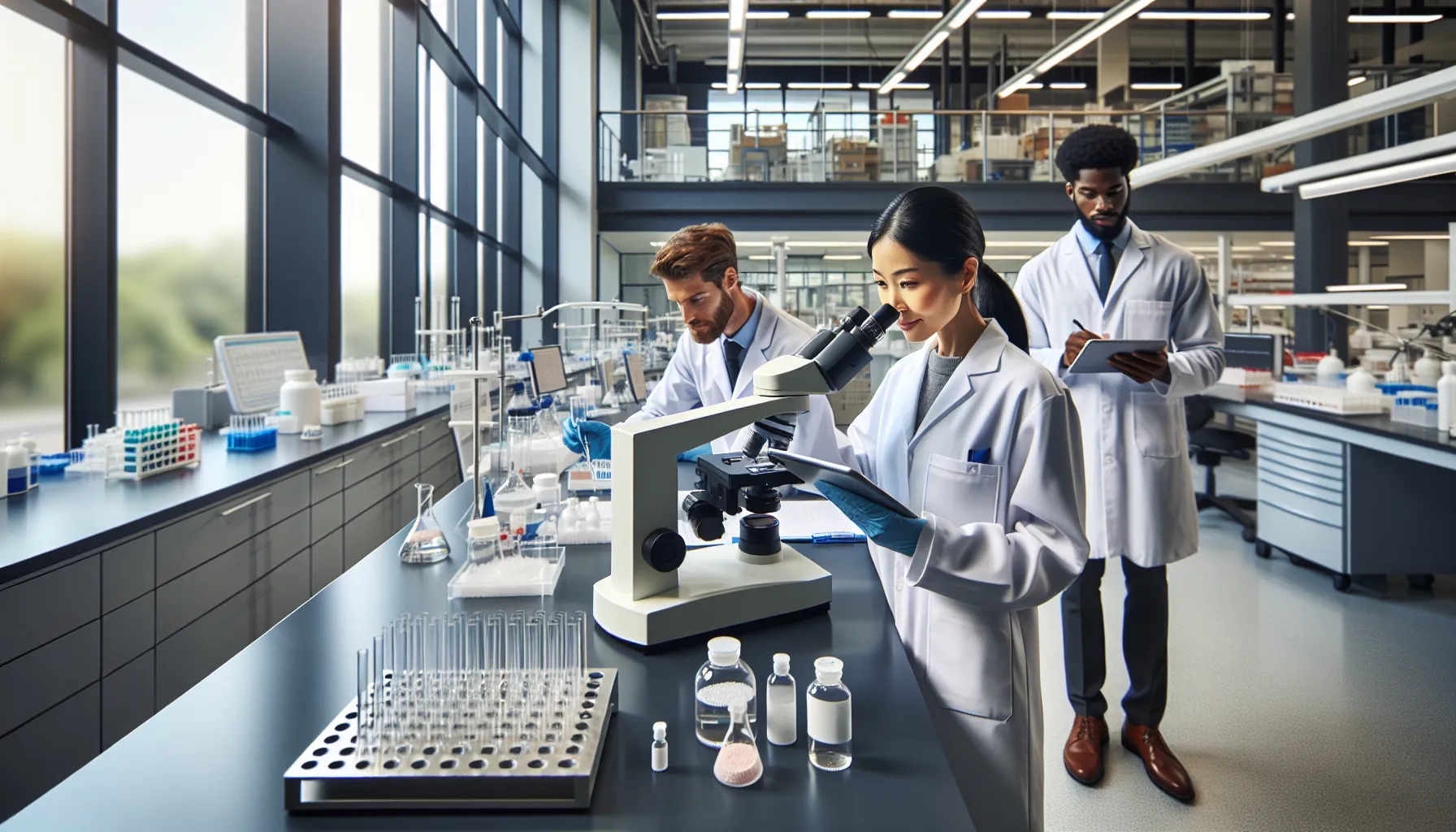 diverse team conducting quality control in a pharmaceutical lab.