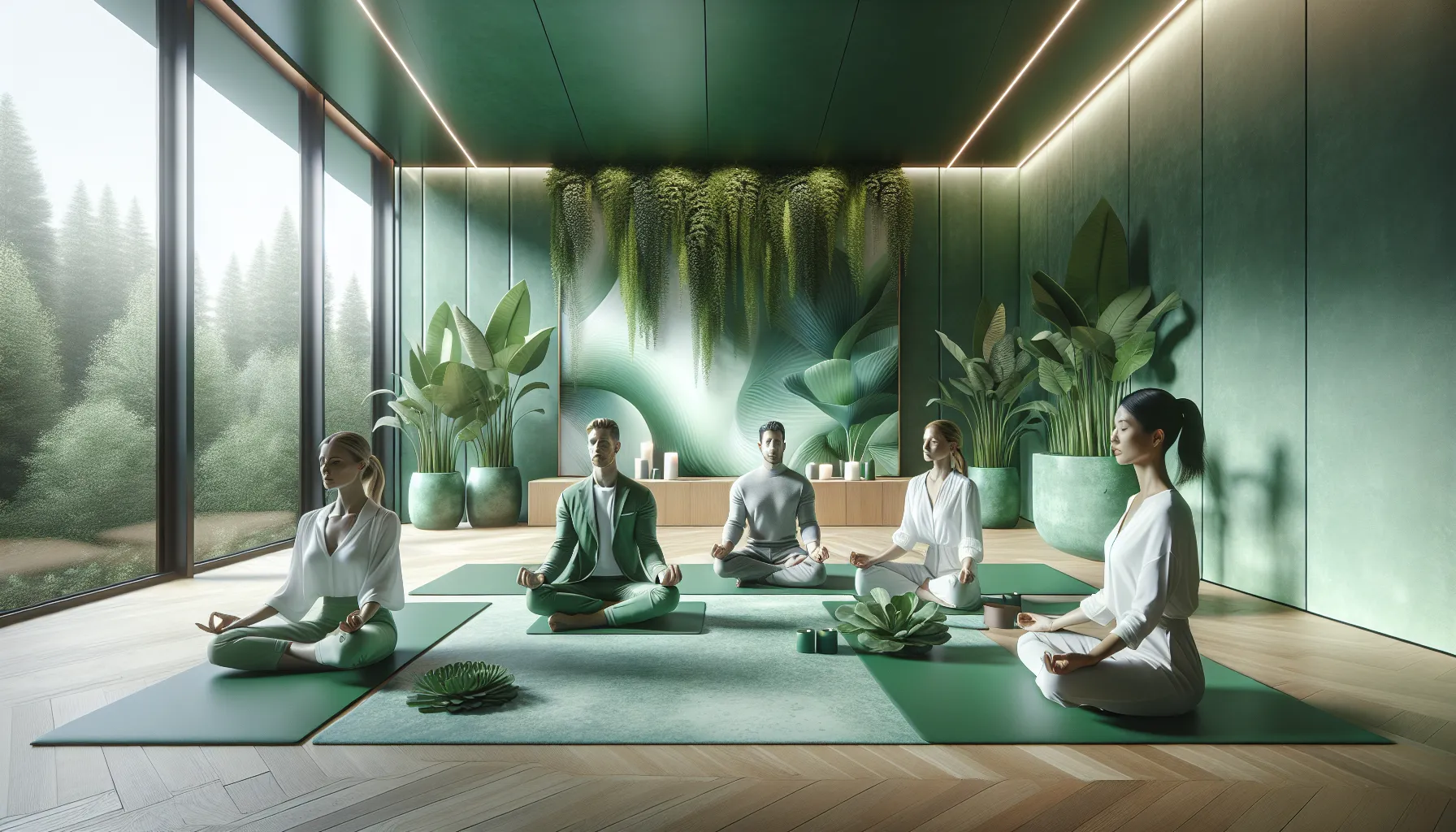 diverse group meditating in a tranquil, green wellness space.