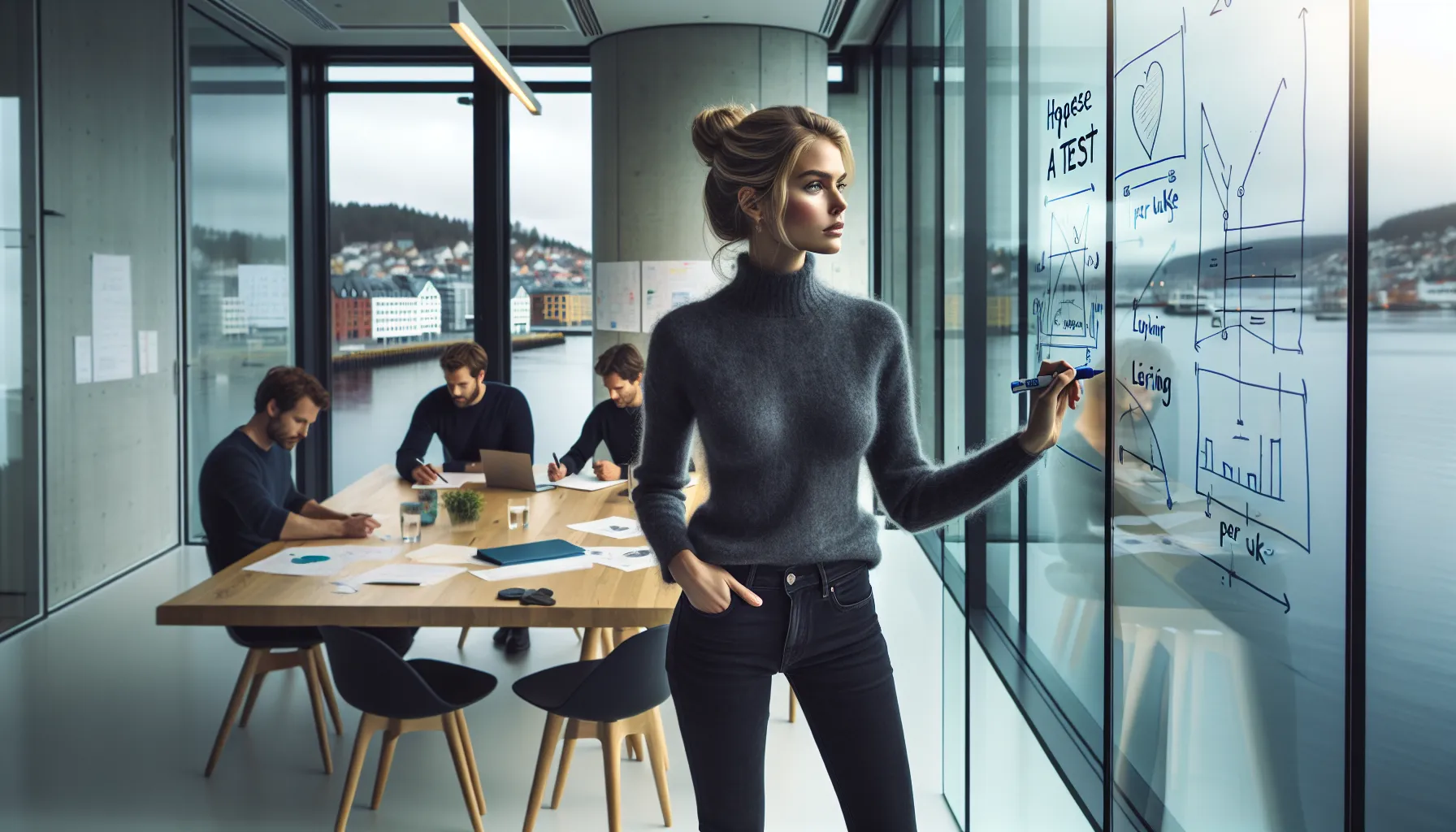 Hvordan utvikle en innovativ bedriftskultur 2 Norwegian team testing ideas with a customer in a bright oslo office.