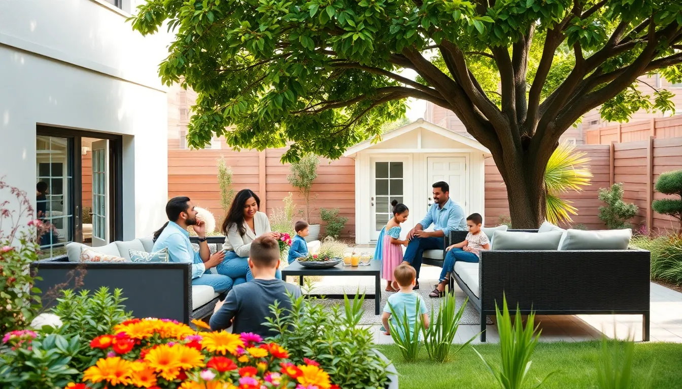 diverse family enjoying a renovated backyard space.