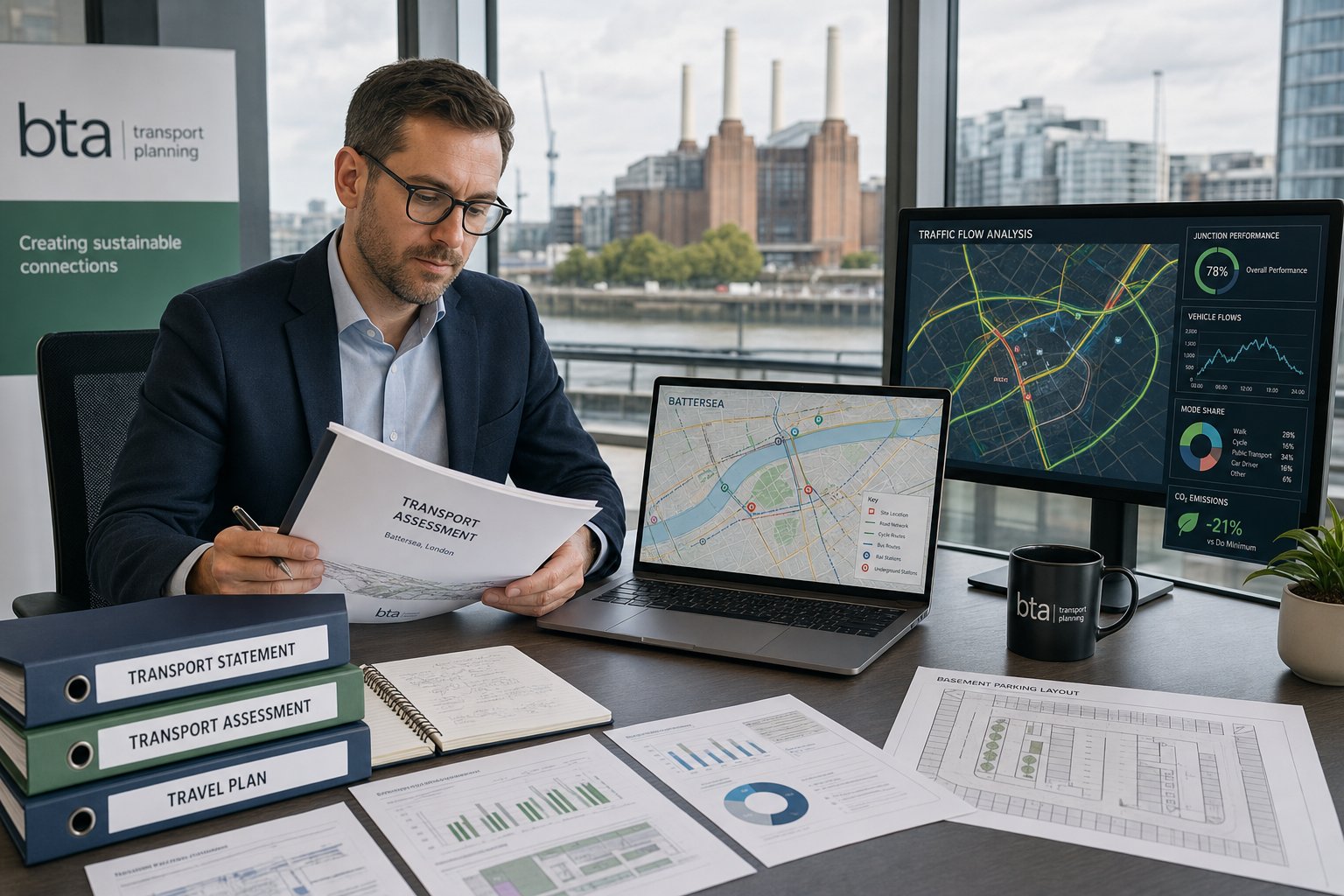 Traffic engineer reviewing transport reports and Battersea network plans in a modern office.