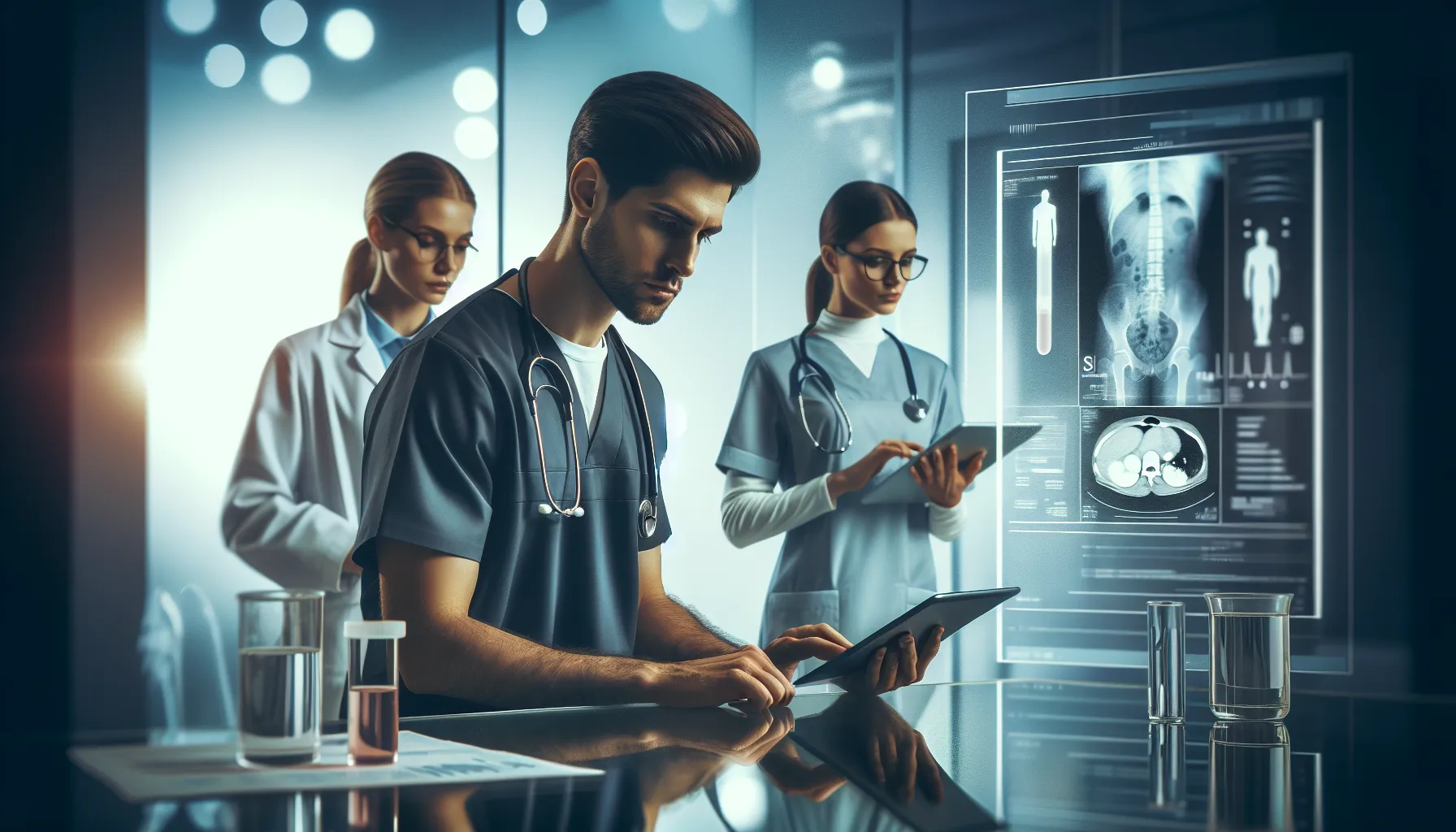 medical professionals discussing urine test results in a modern office.