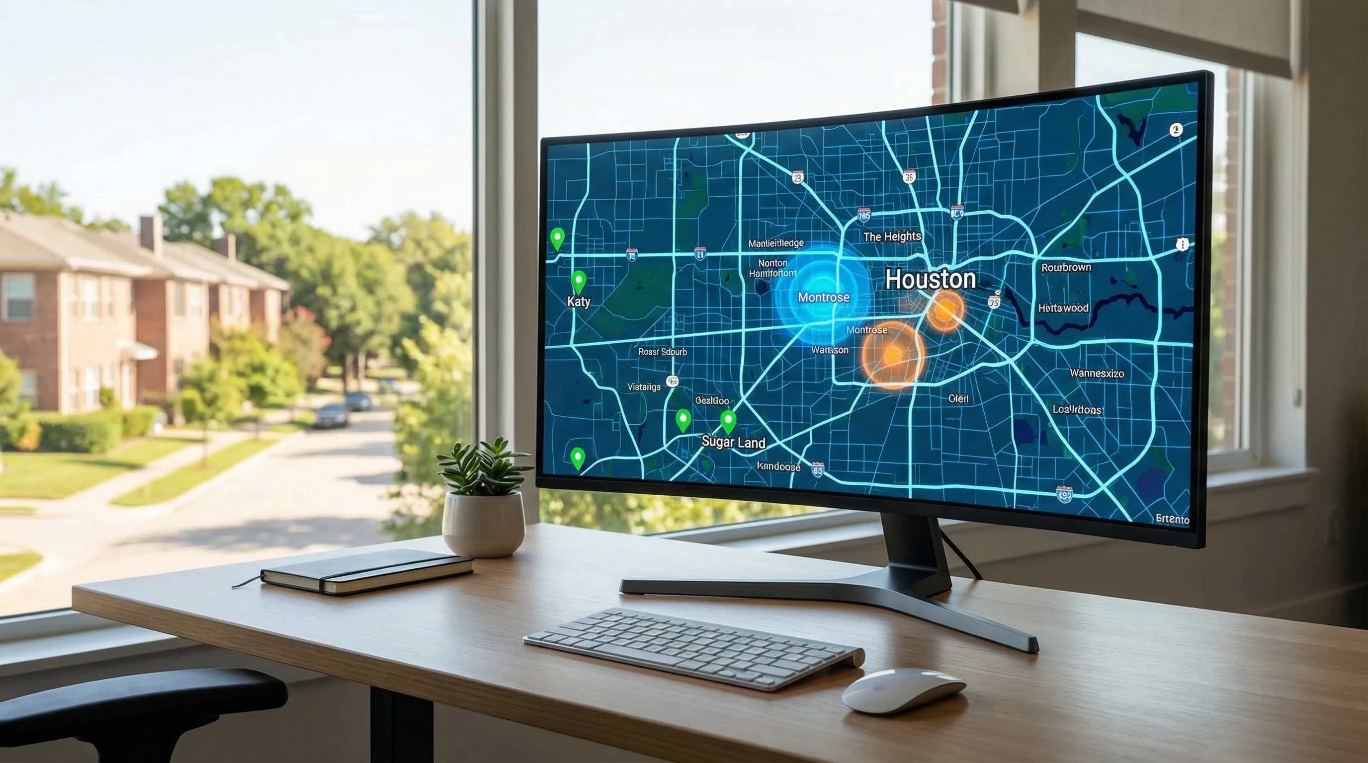 Office scene with a computer screen showing a digital map of Houston with highlighted neighborhoods and suburbs visible through a nearby window.