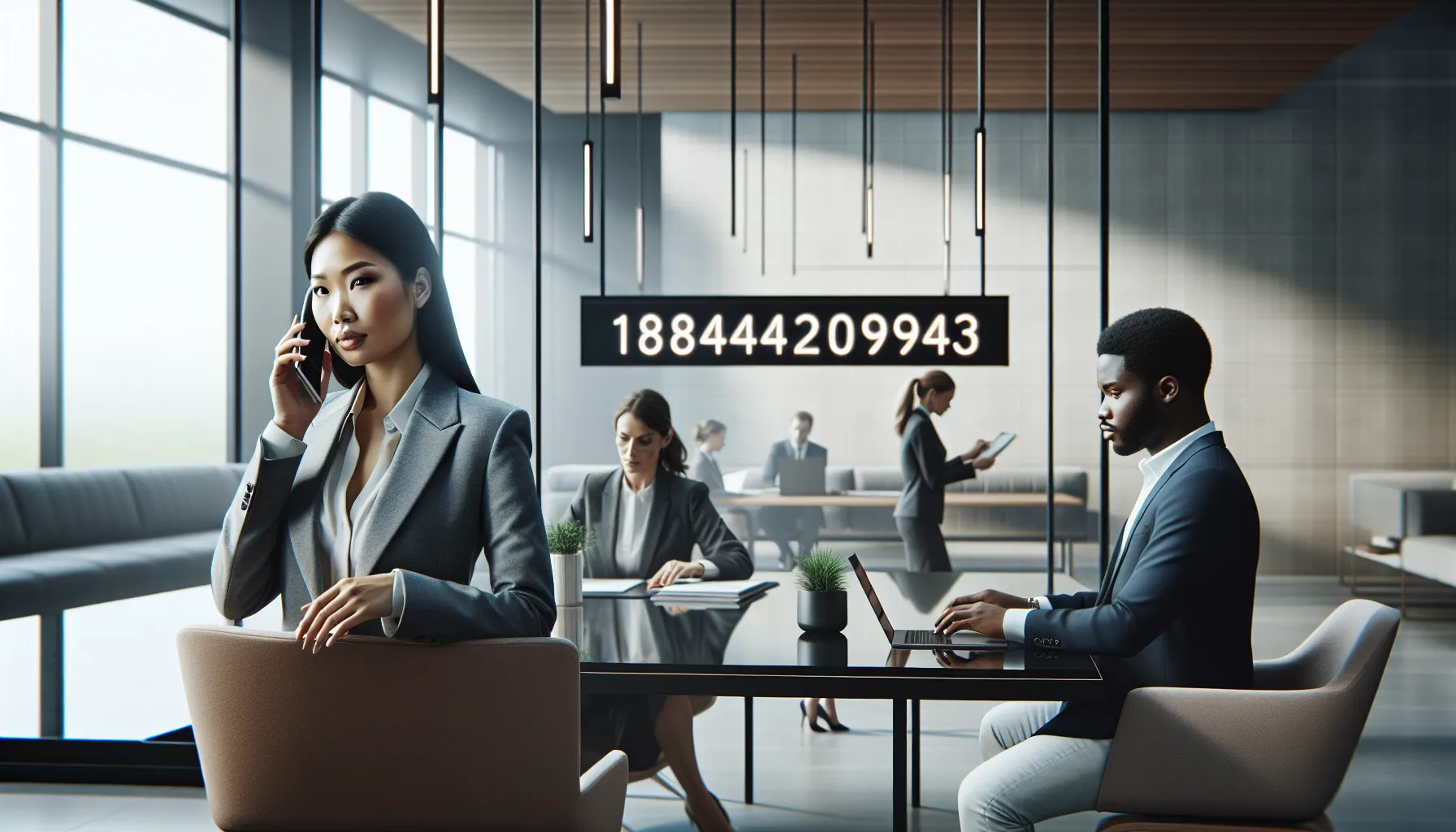 professionals discussing a service number in a modern office.