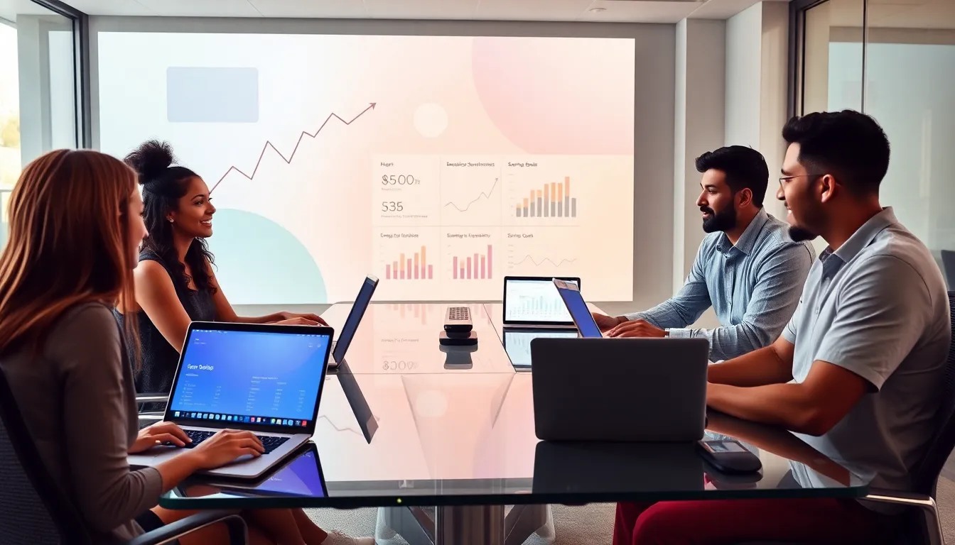 diverse team discussing savings apps in a modern office.