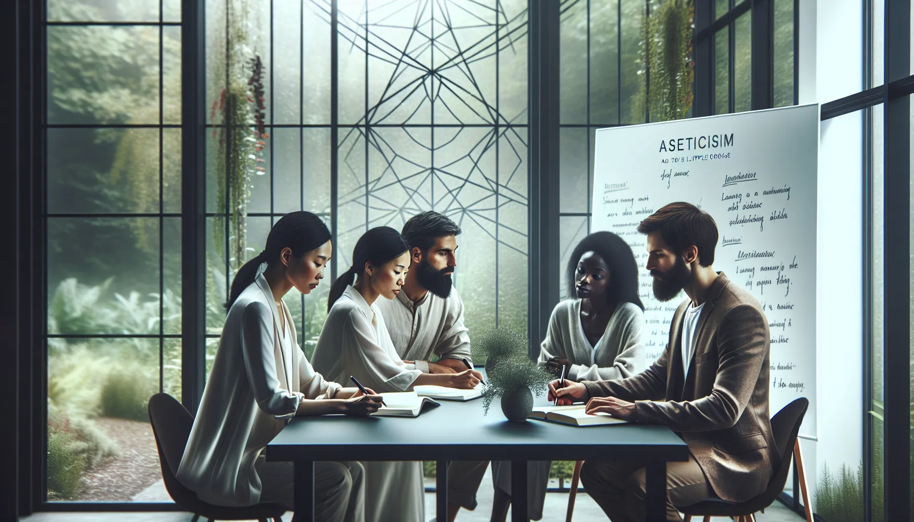 diverse team discussing values in a serene office setting.