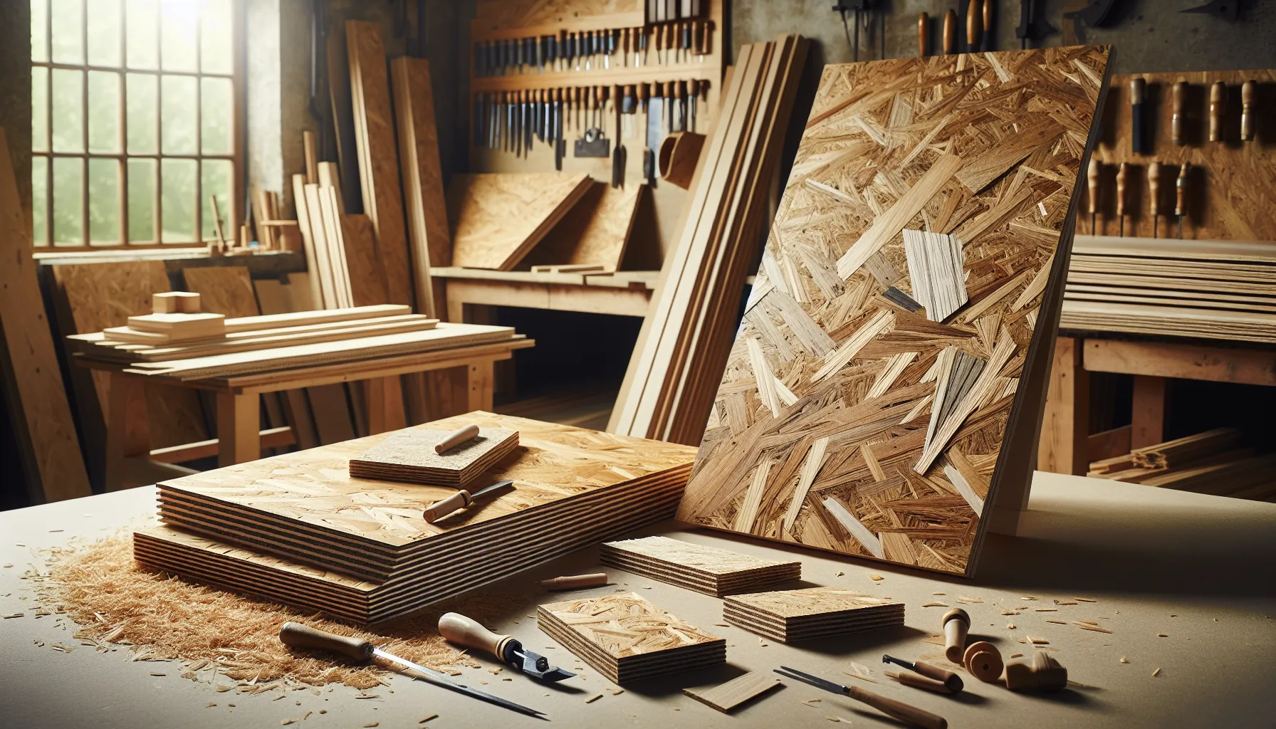 A side-by-side view of plywood and OSB boards on a workshop table.