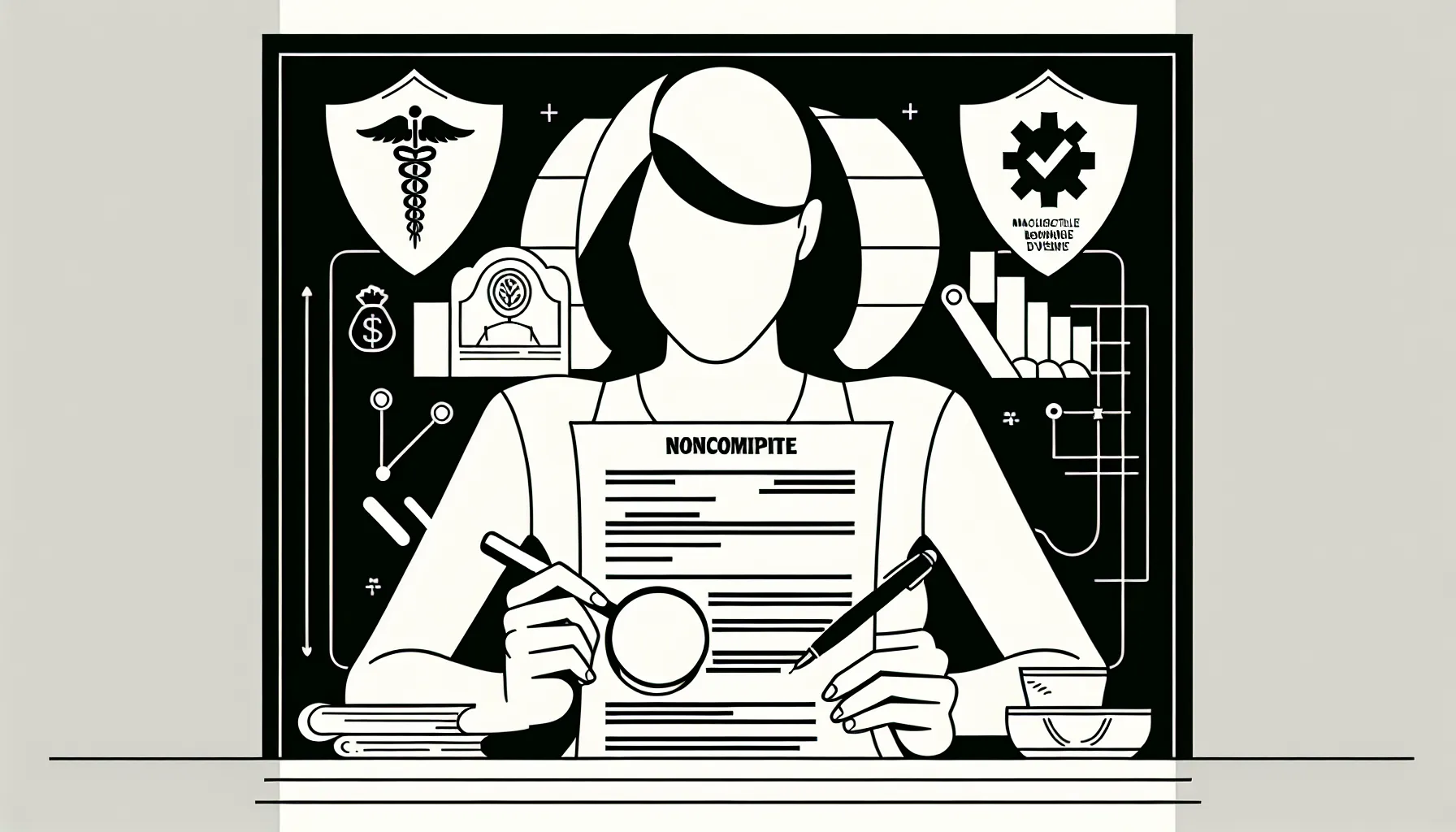 Dentist examining a contract with icons for map, license, insurance, and wages.