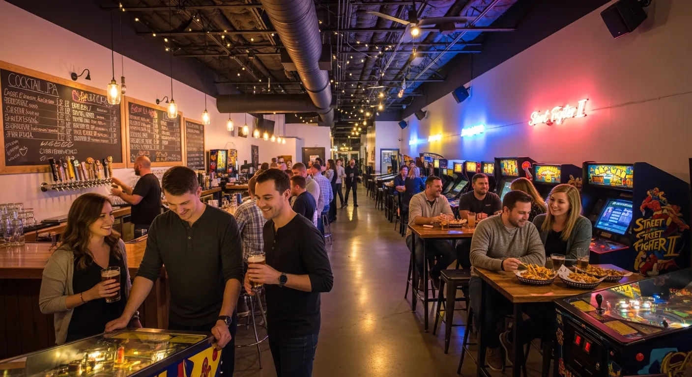 Lively arcade bar interior with patrons playing pinball and enjoying craft beers.
