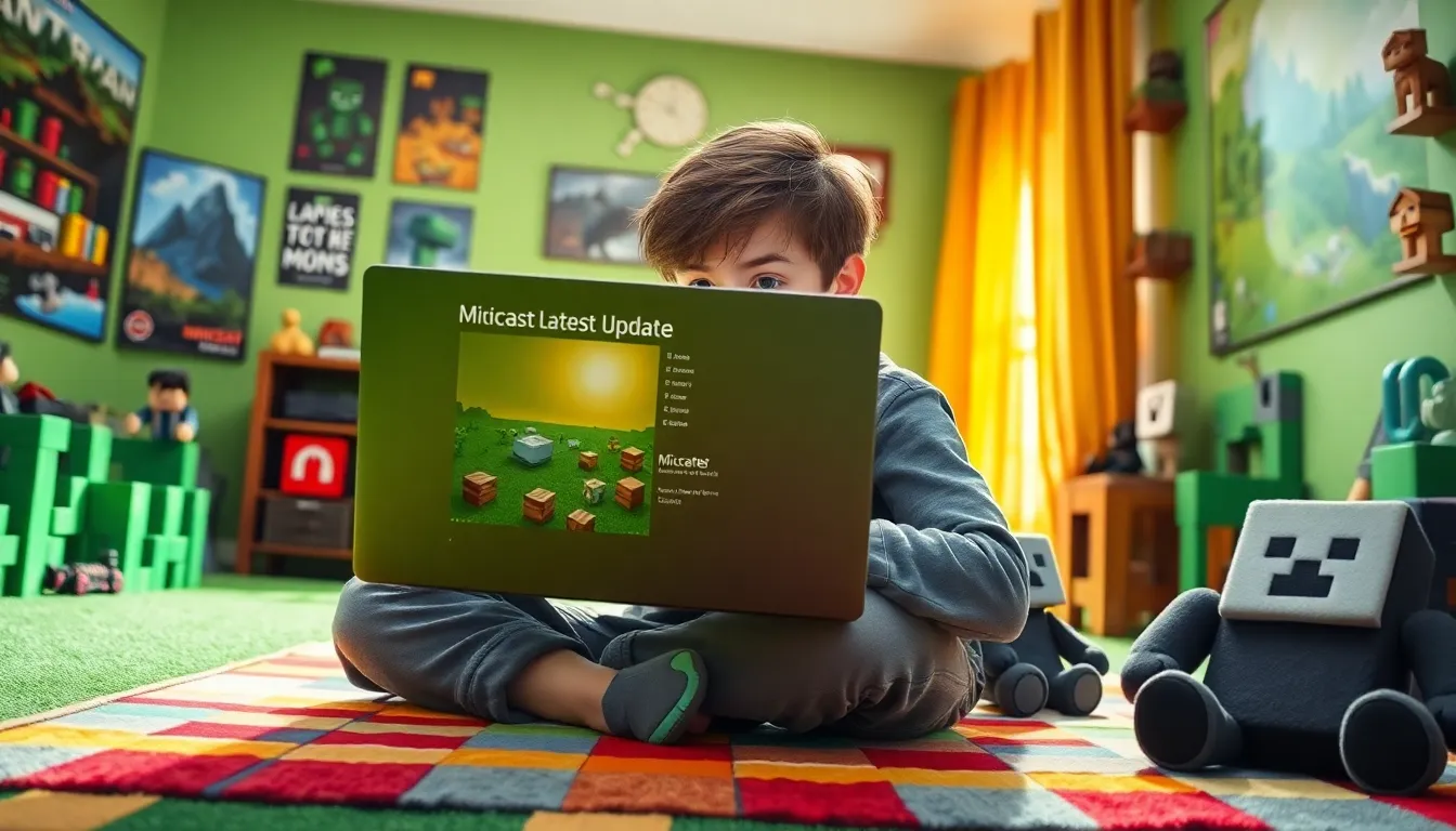 a boy playing Minecraft on his laptop in a colorful gaming room.