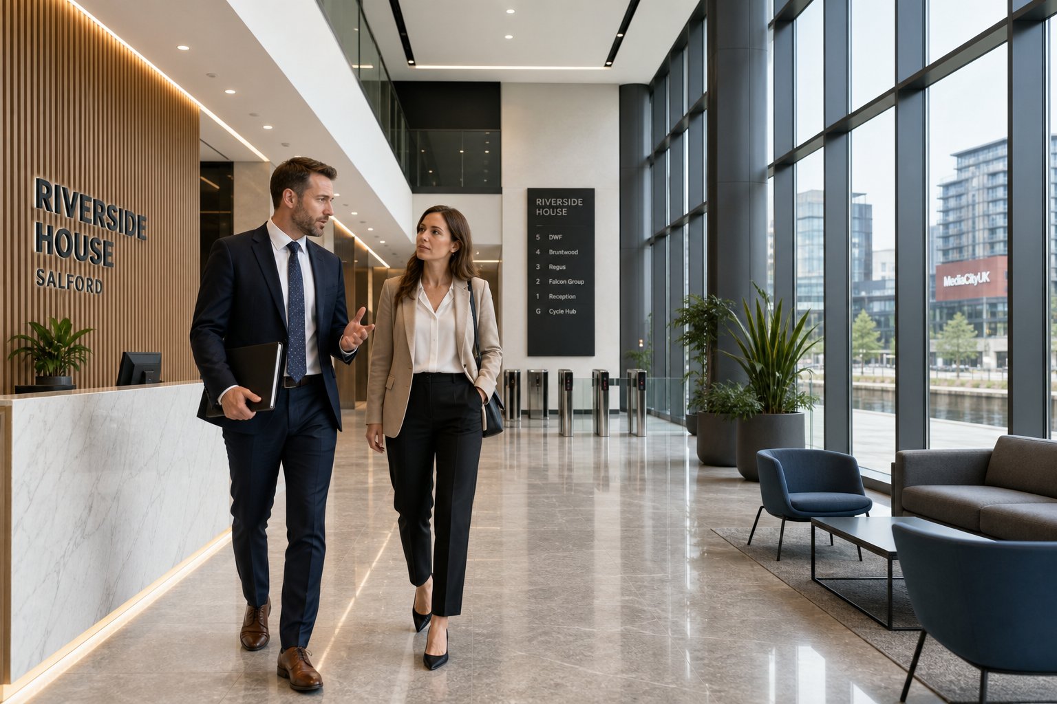 Broker and client walking through a modern office building lobby in Salford during a property assessment.