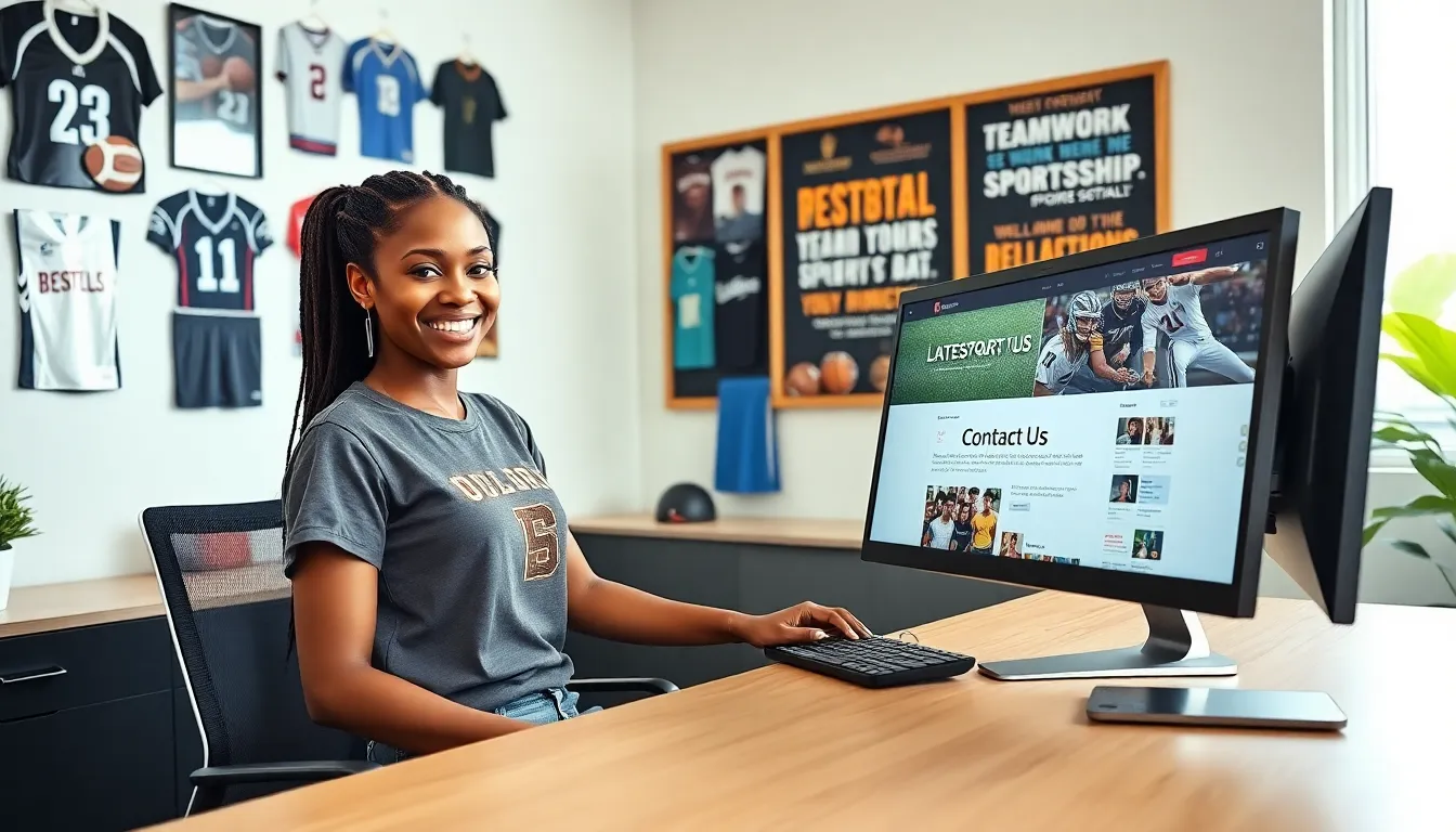 A woman at a desk using the LatestSportsBuzz contact page on her computer.