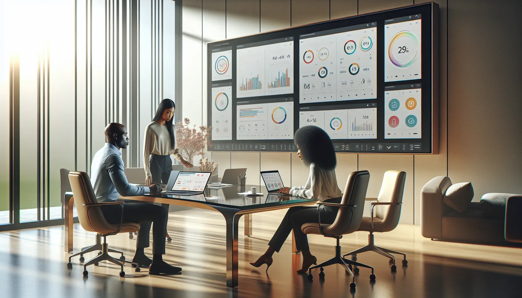 professionals collaborating at a modern workspace with tech tools.