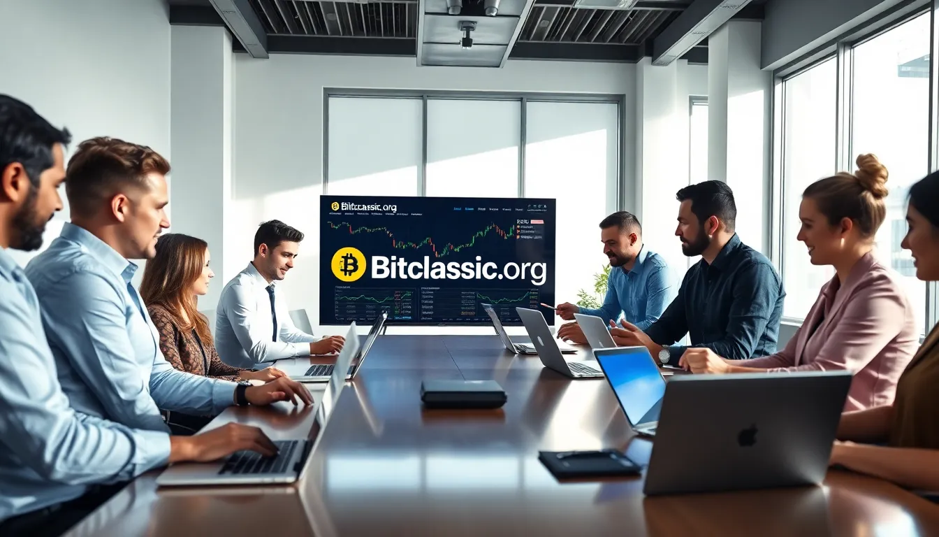 diverse team analyzing cryptocurrency data in a modern office.