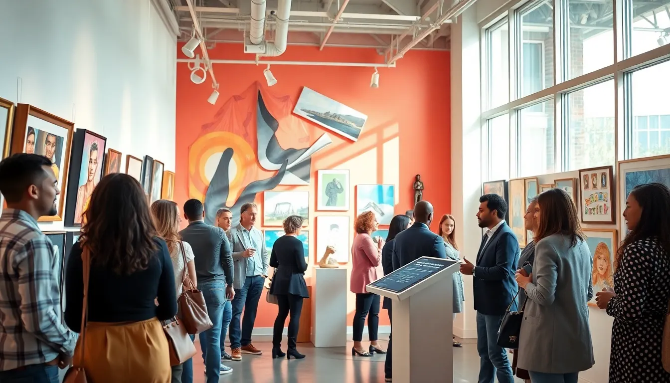 diverse group discussing art in a modern gallery setting.