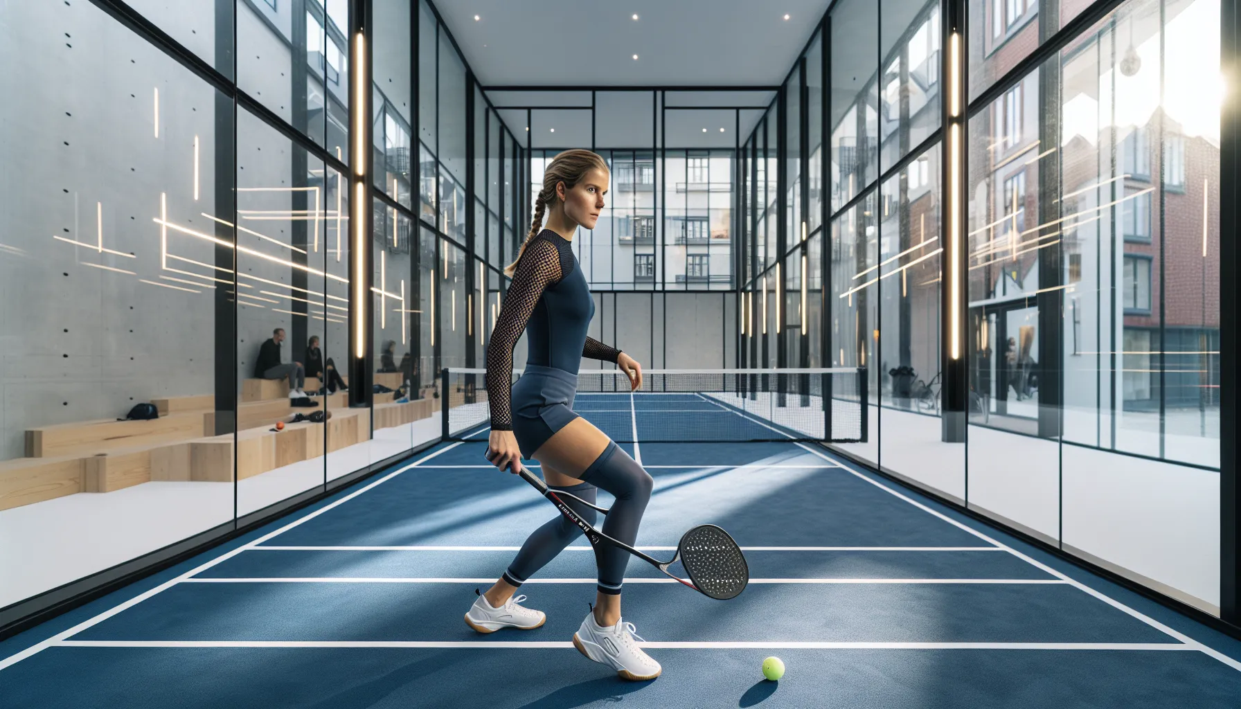 Hvordan forbedre fotarbeidet ditt i padel: øvelser og teknikker 2 Norwegian padel player mid split step on a blue indoor court.
