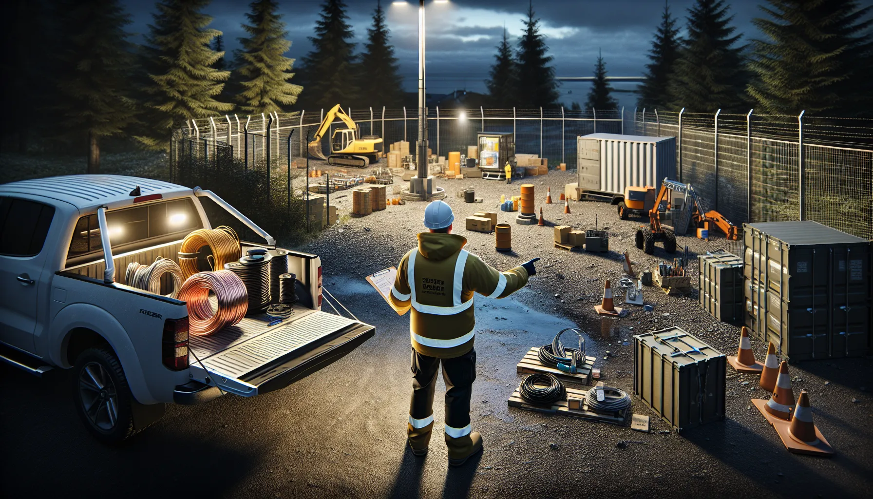 Site manager maps valuables and weak spots on a norwegian construction site at dusk.