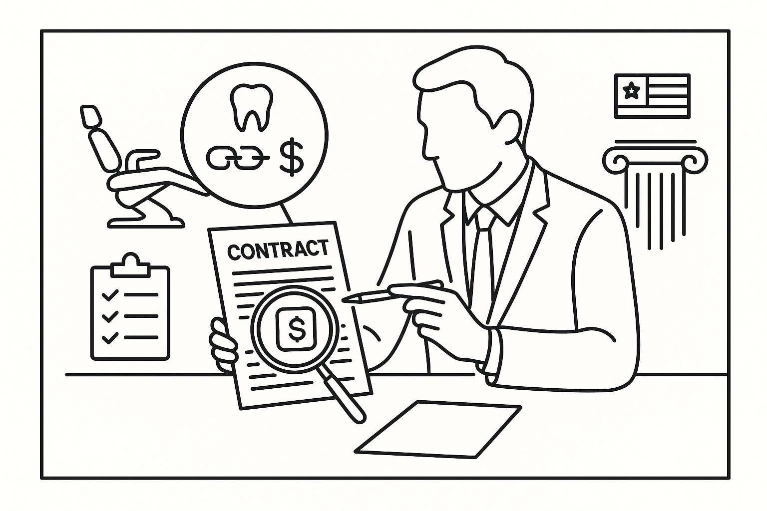 Attorney reviewing a dental associate contract with magnified clause icons of Dental Associate Contract Attorney