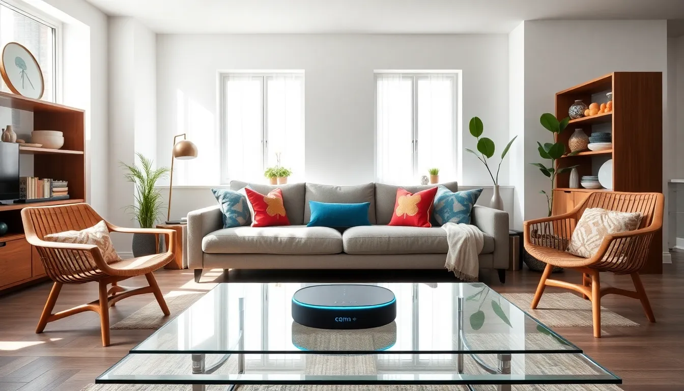 modern living room with sustainable furniture and smart home technology.