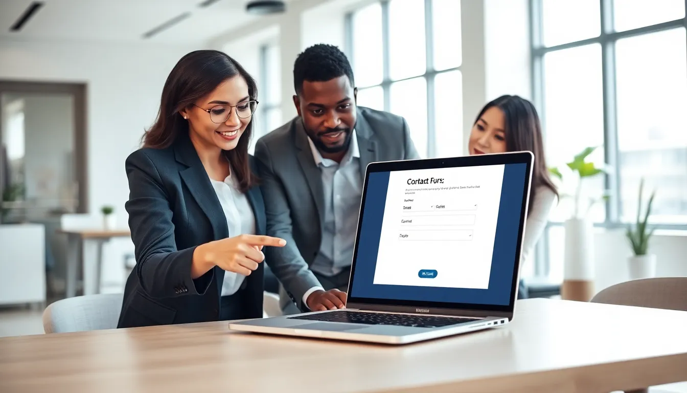 diverse professionals discussing a contact us form in a modern office.