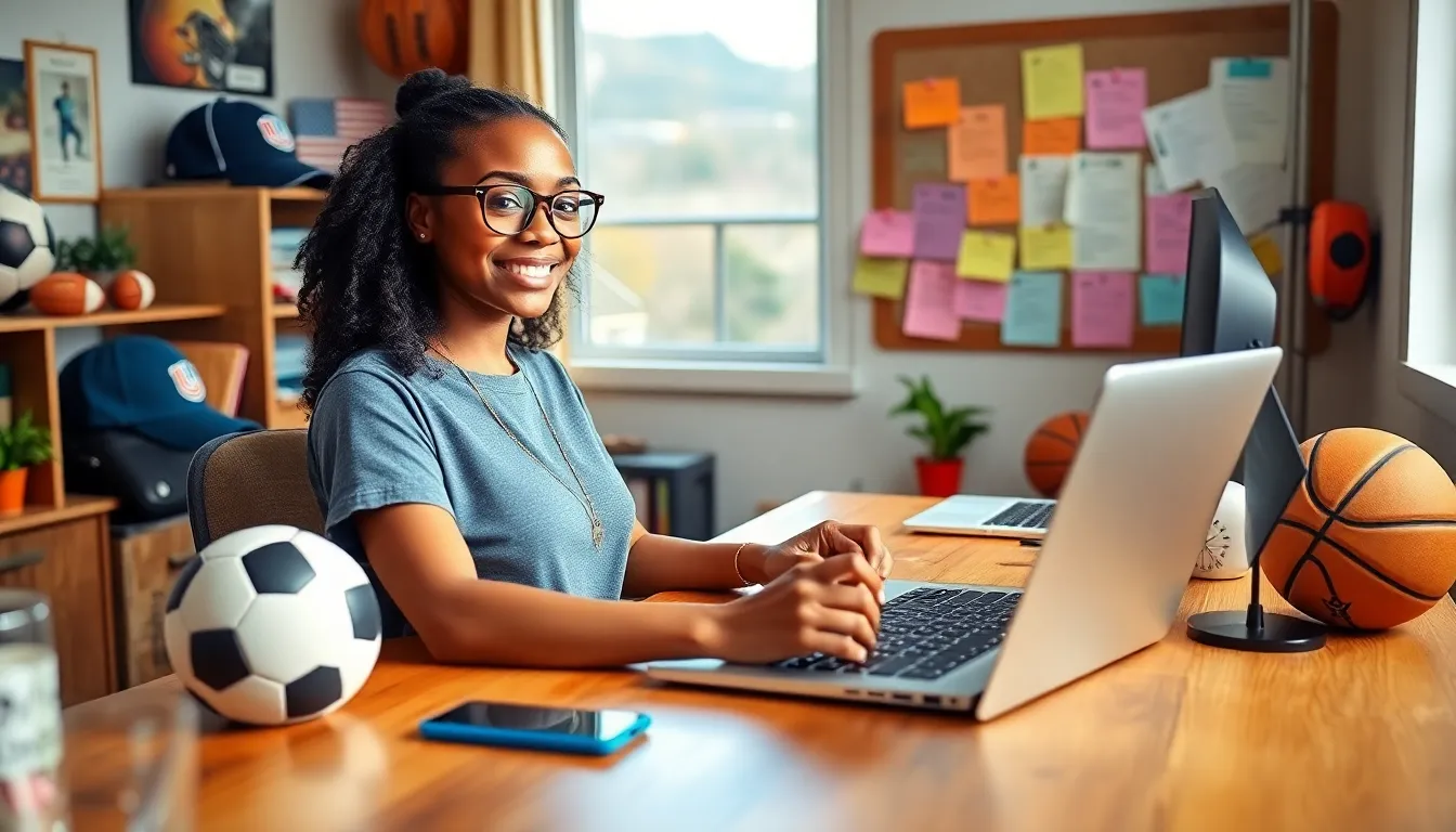 A woman at a desk engaging with sports fans in a lively workspace.
