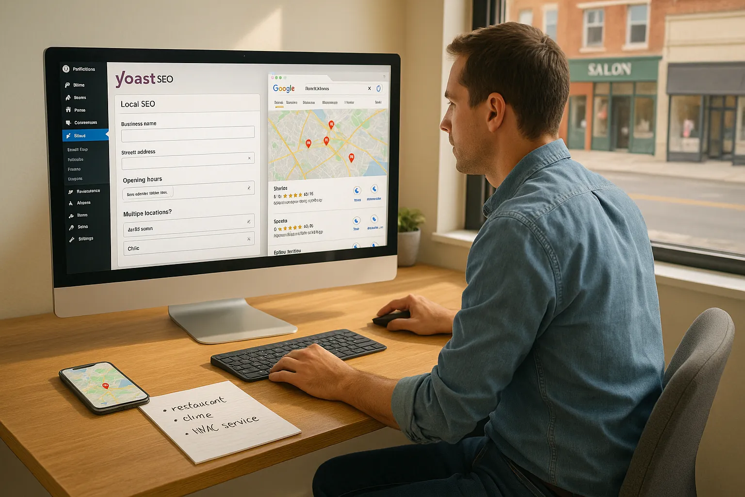 Marketer optimizes local SEO in WordPress with map results on screen.