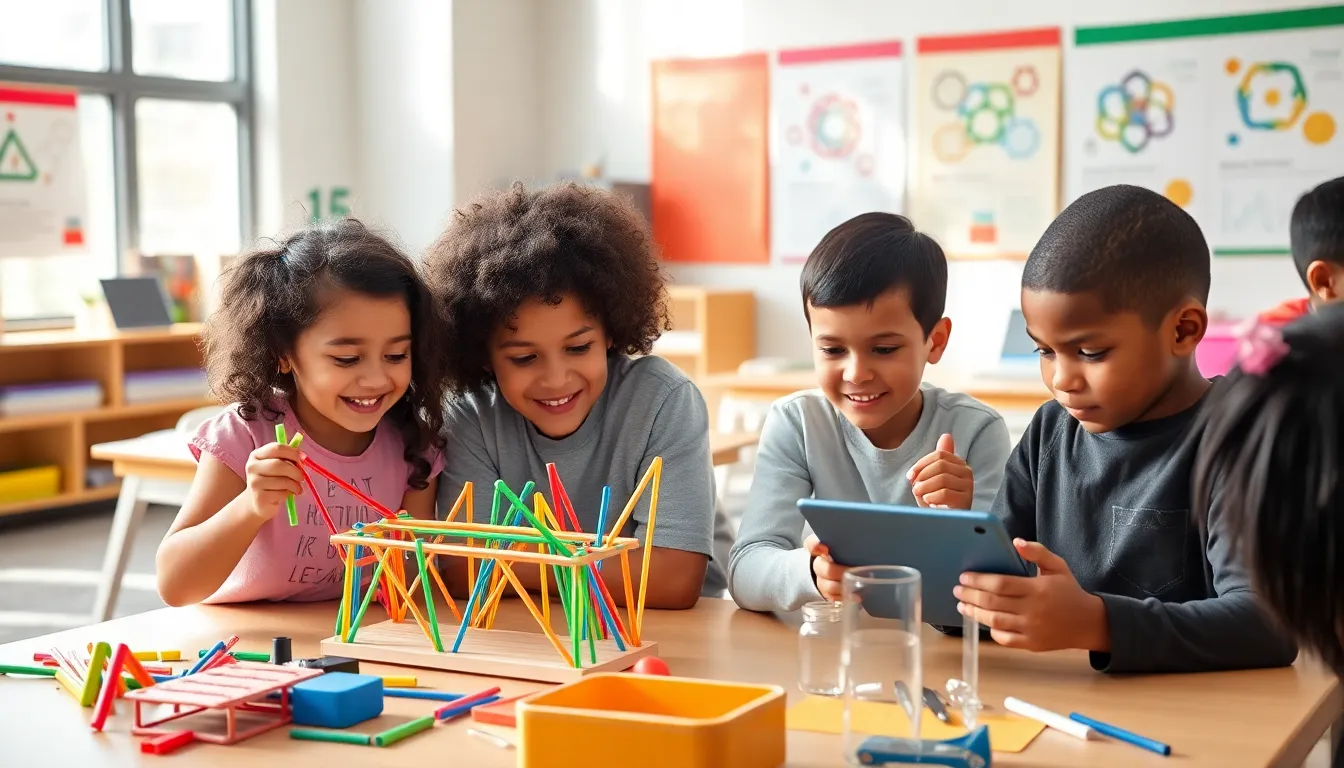 children engaged in hands-on STEM activities in a vibrant classroom.