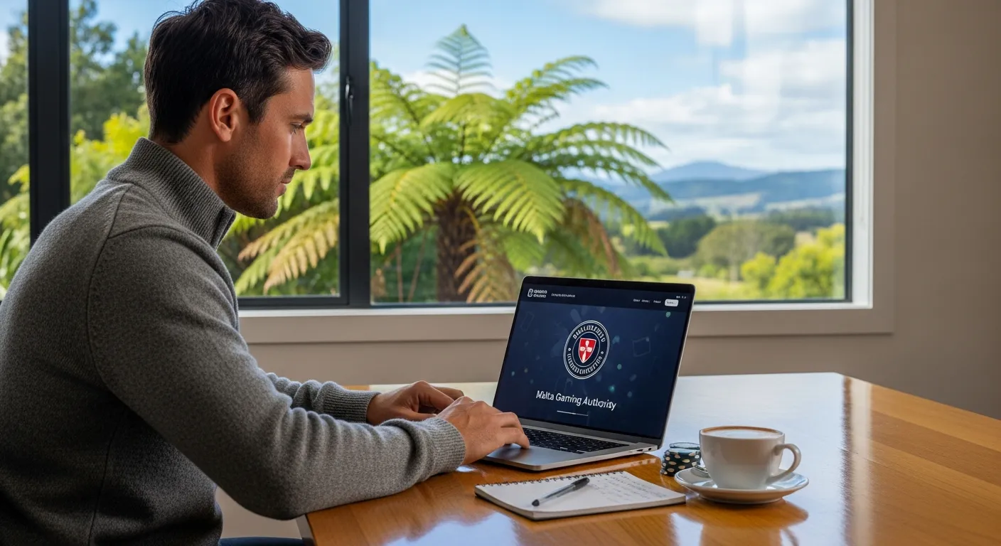 A New Zealand man verifying online casino regulatory licenses on a laptop at home.