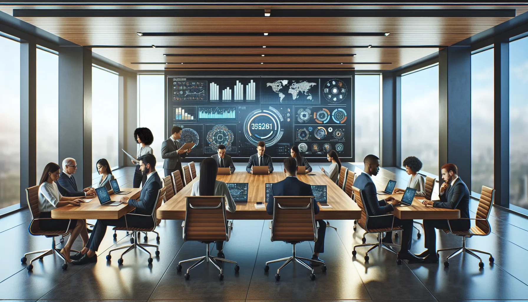 diverse team discussing data management in a modern office.