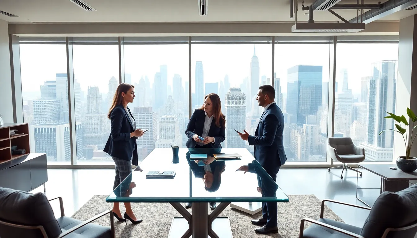 diverse professionals discussing in a modern NYC office setting.