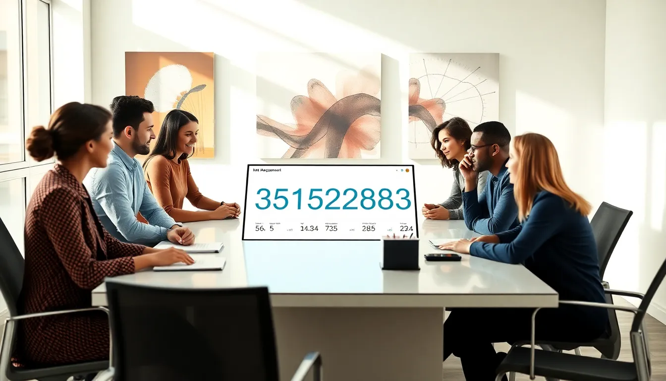 team collaborating in a modern office with digital data displays.