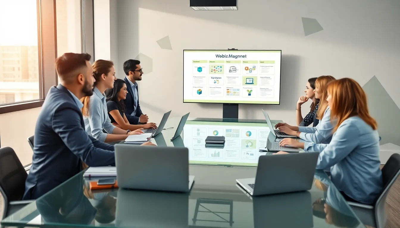 professionals collaborating on software solutions in a modern office.