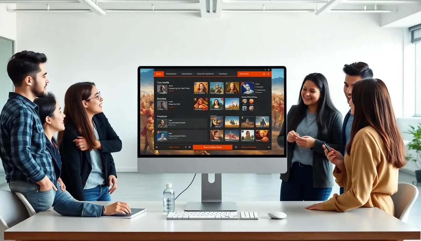 professionals collaborating around a computer screen displaying ck2generator.com.