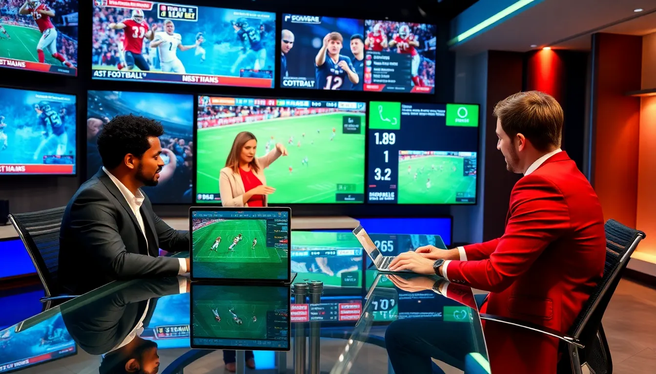 diverse sports journalists discussing football news in a modern newsroom.
