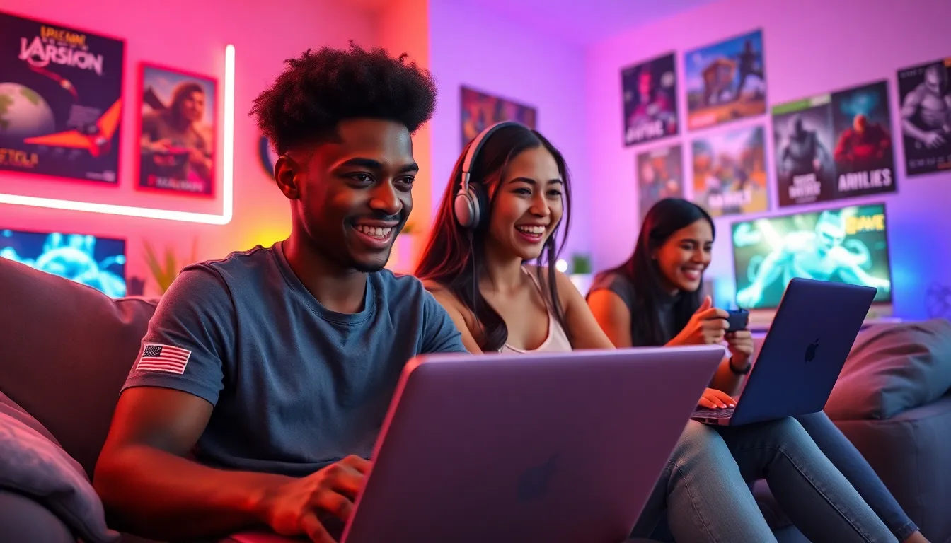 a diverse group of gamers enjoying a gaming session in a cozy living room.