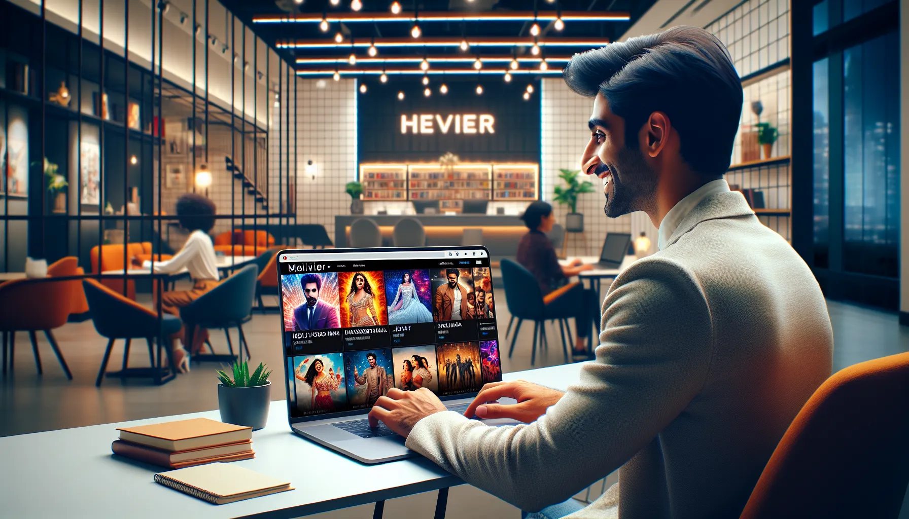 A person exploring Filmijila.com on a laptop in a modern office.