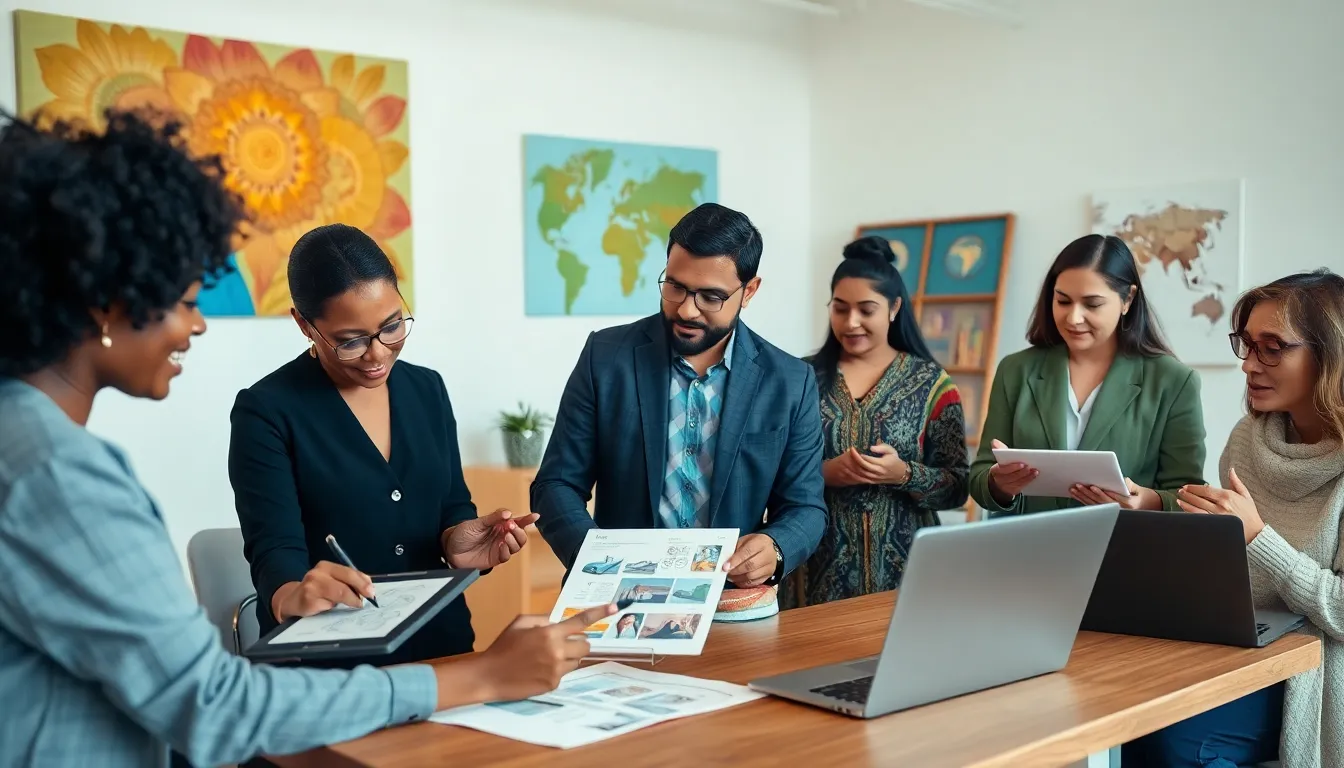 diverse professionals collaborating on cultural expressions in a modern workshop.