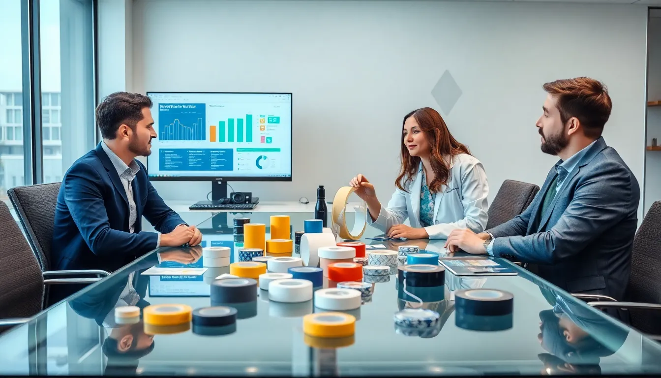 diverse team discussing advanced adhesive technology in a modern office.