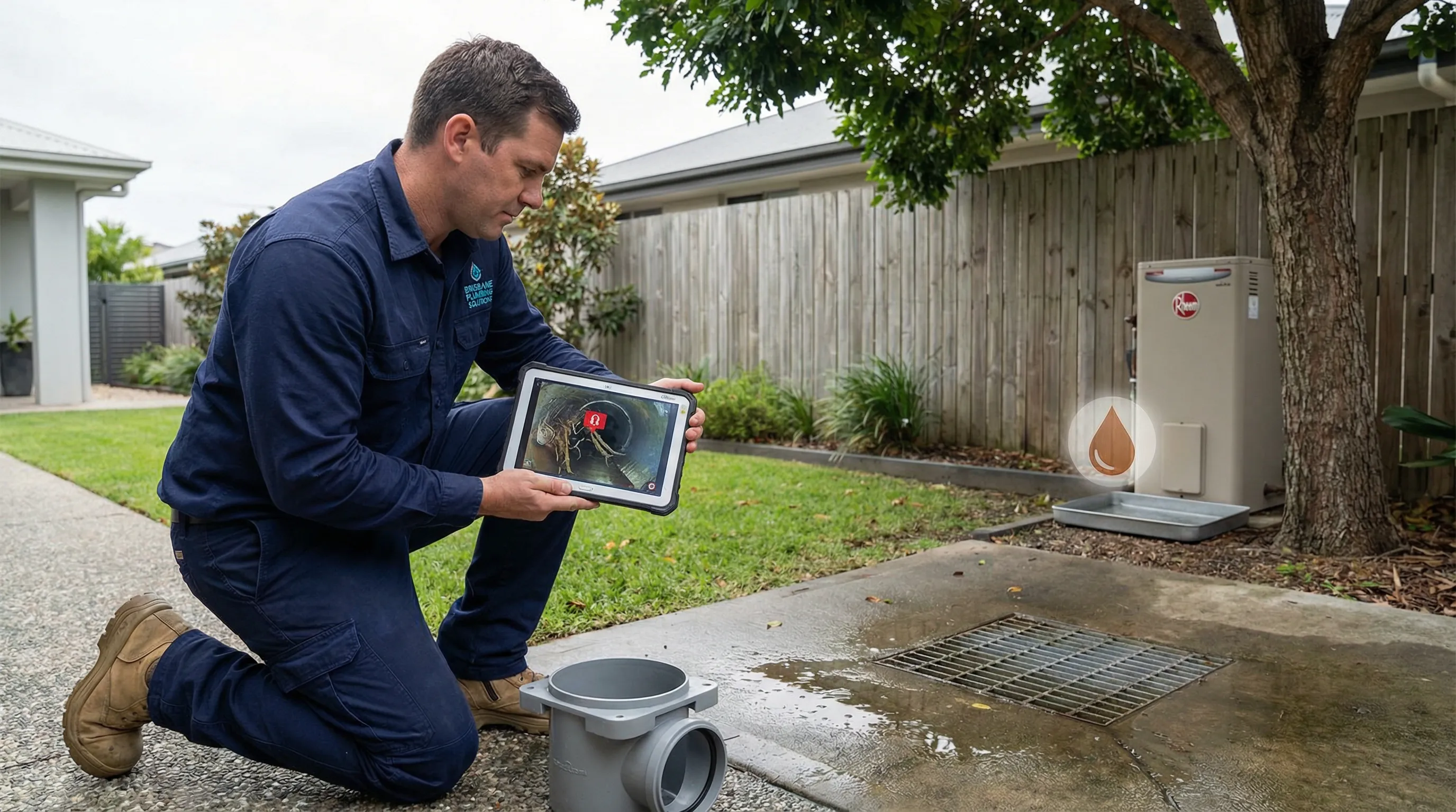 Brisbane plumber inspecting an outdoor drain with tablet CCTV footage after heavy rain.