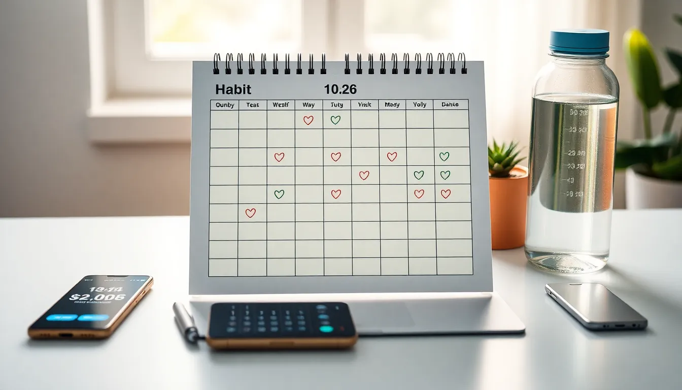 a habit tracker calendar on a desk with motivational items.