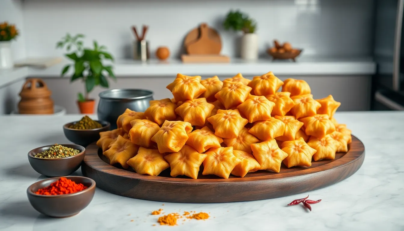Golden-brown Vettakarikal displayed on a dark platter with spices.