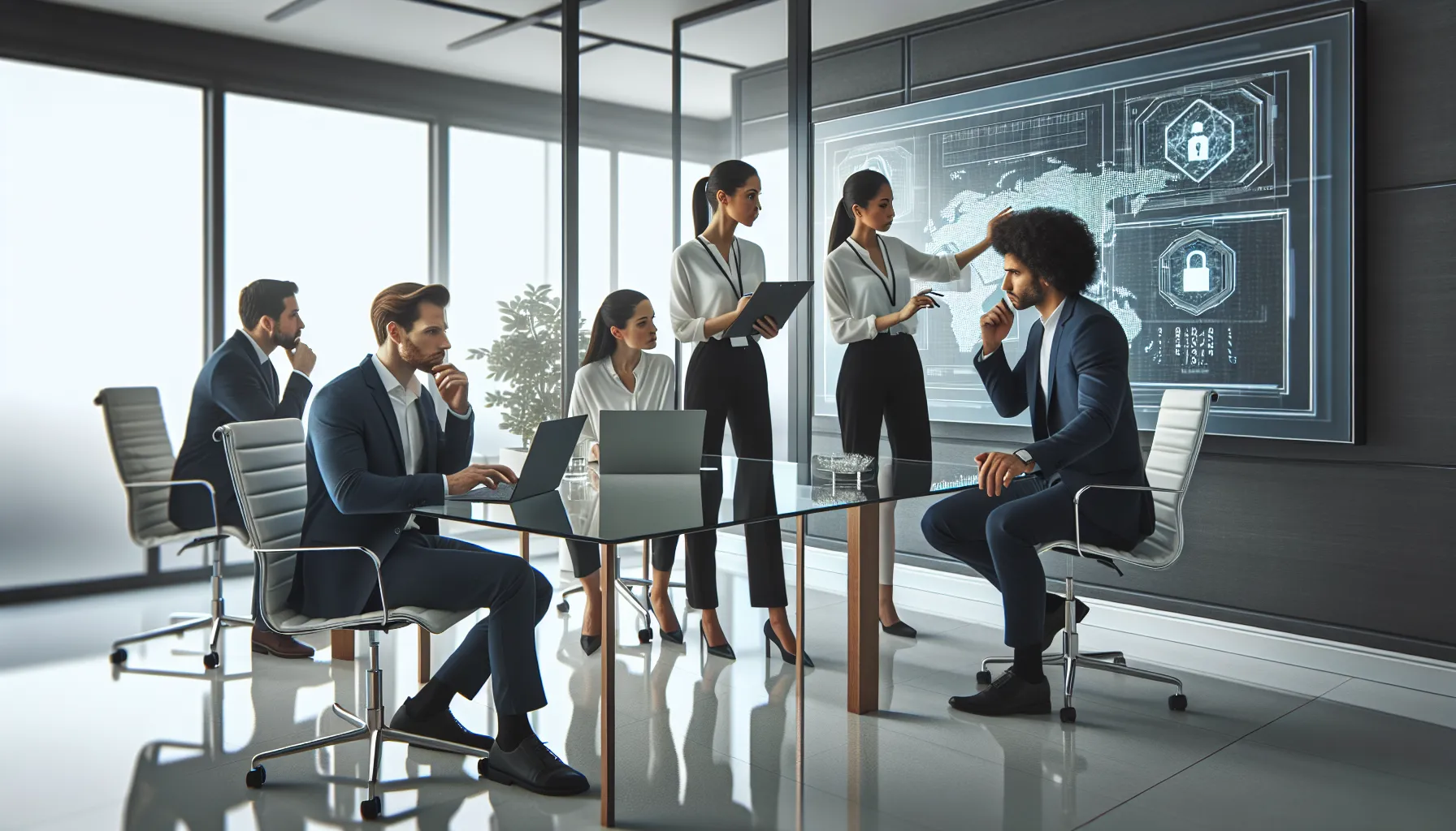 diverse team discussing data security in a modern office.