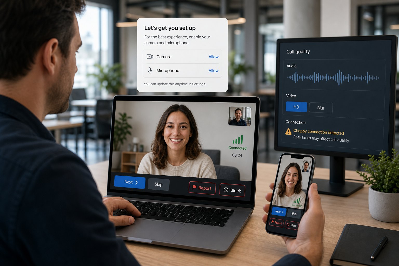 Professional testing a video chat app with clear controls and connection status.