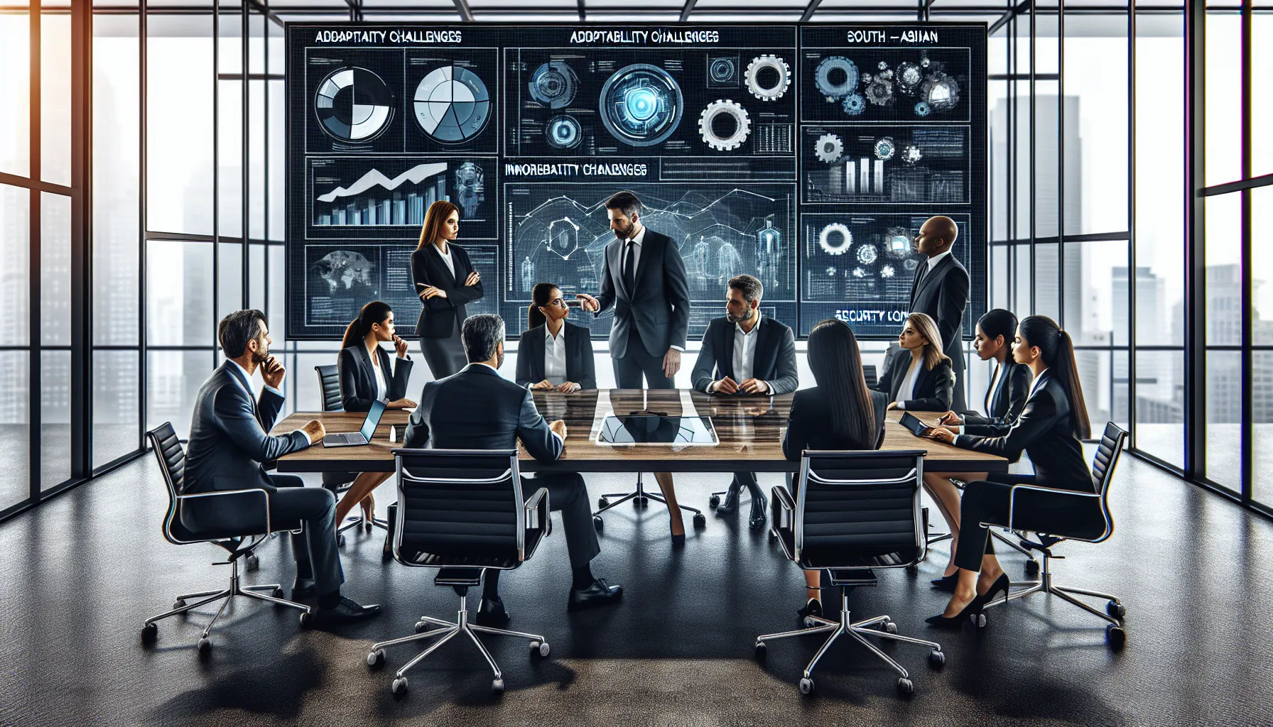 diverse professionals discussing technology challenges in a modern conference room.