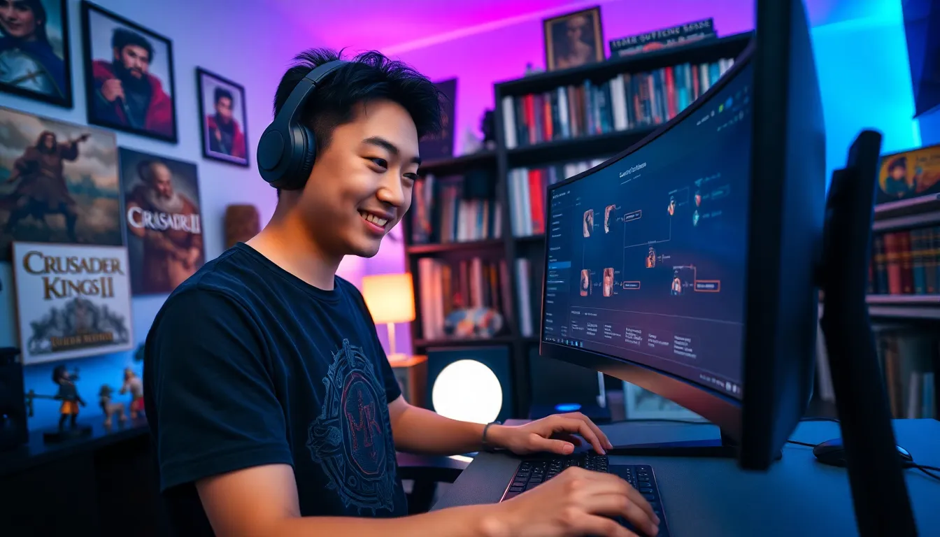 A gamer using Ck2generator on a computer in a vibrant gaming room.