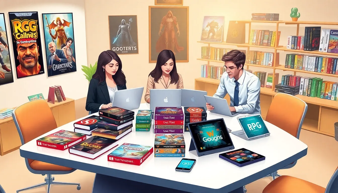 diverse professionals analyzing RPG game pricing in a modern office.