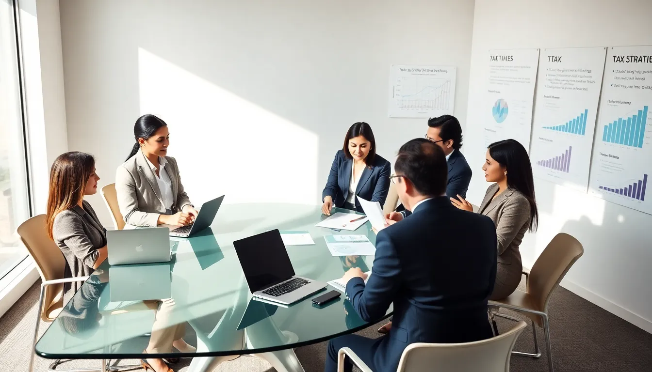 professionals discussing tax strategies in a modern office setting.