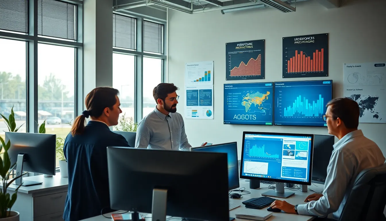 diverse team collaborating in a modern logistics office.