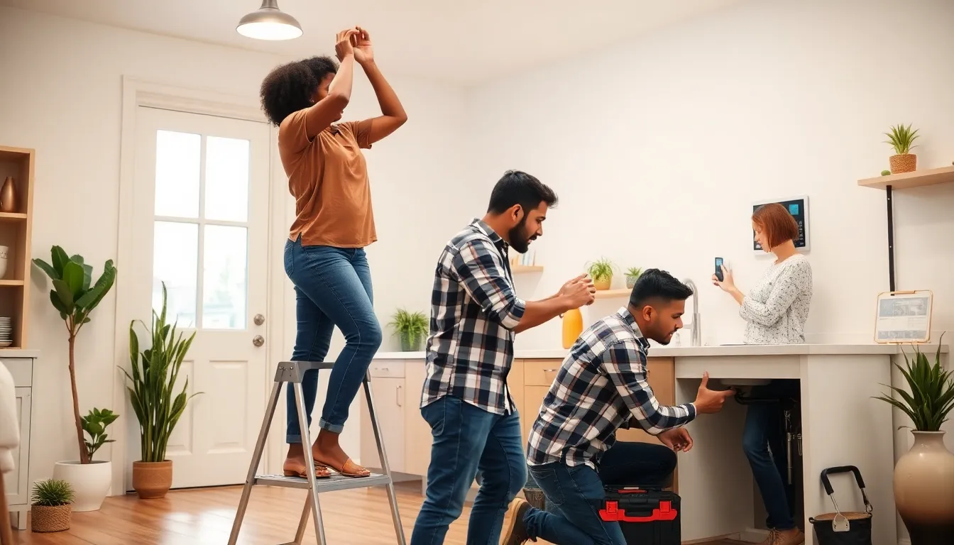 diverse group of homeowners engaged in various maintenance tasks at home.